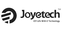 Joyetech logo i sort på hvid baggrund med teksten 'Joy Life With E Technology'.