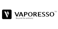 Vaporesso logo i sort på hvid baggrund med teksten 'Beyond the ordinary'.